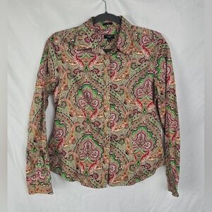 Talbots Petites Paisley Bohemian Artsy Green Pink Gold Buttons Women's sz 10P